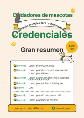 Certificación de cuidador de mascotas con un tema verde y amarillo
