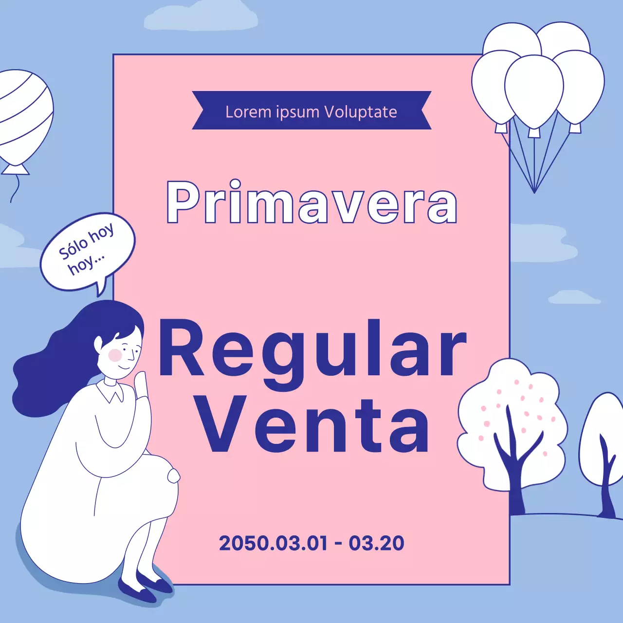 Ilustración lineal en azul claro pastel y rosa Venta de primavera