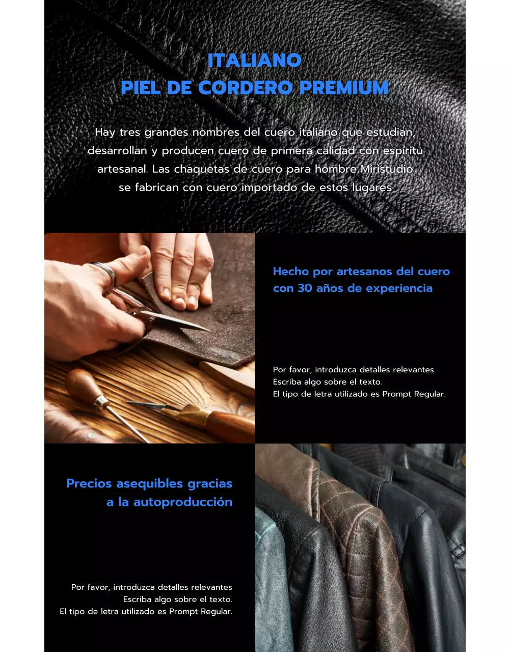 Tienda de chaquetas de cuero con diseño de imagen en negro y azul