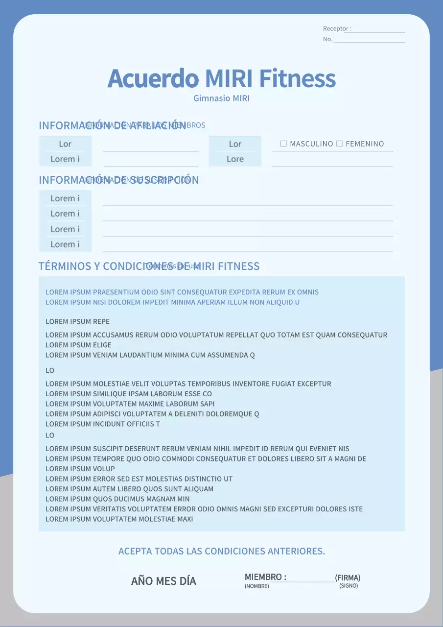 Plantilla limpia de contrato de gimnasio en azul y gris