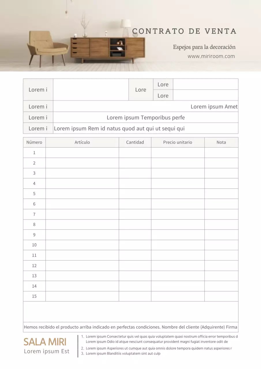 Modelo de documento comercial de contrato de compraventa de muebles beige