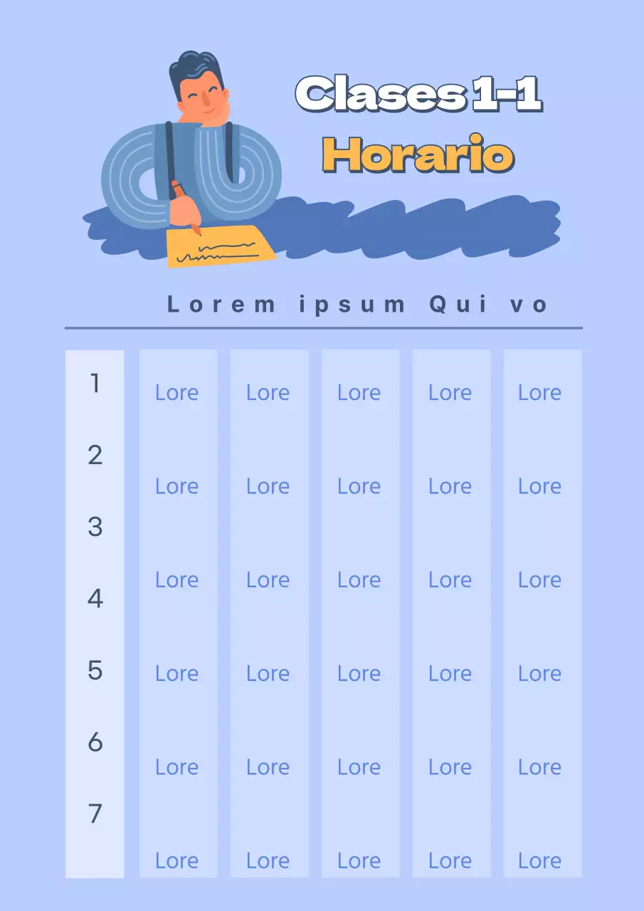 Horario escolar sencillo con ilustraciones humanas en morado y magenta