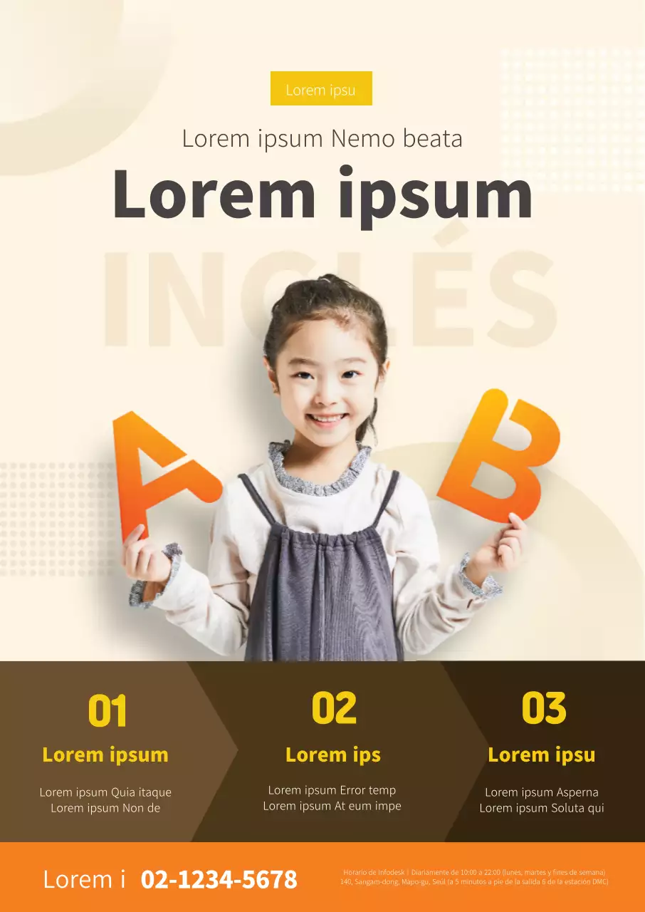 Foto texto naranja resaltado Aula de inglés limpia Promociona tu escuela