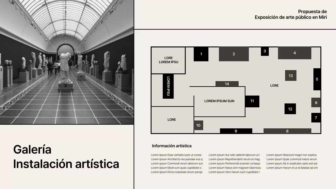 Propuesta de exposición con acentos de rejilla beige-negro