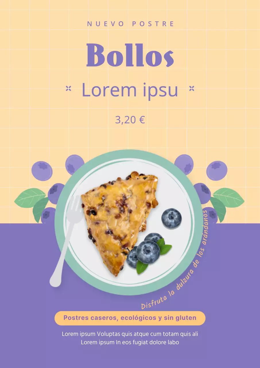 Una carta de postres de bollos con fotos en color púrpura y marfil