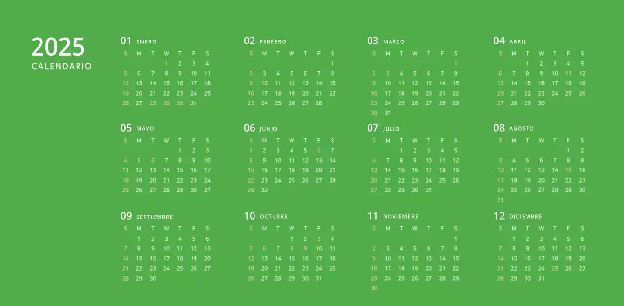 Bonito calendario de sobremesa ilustrado de temática familiar en color verde