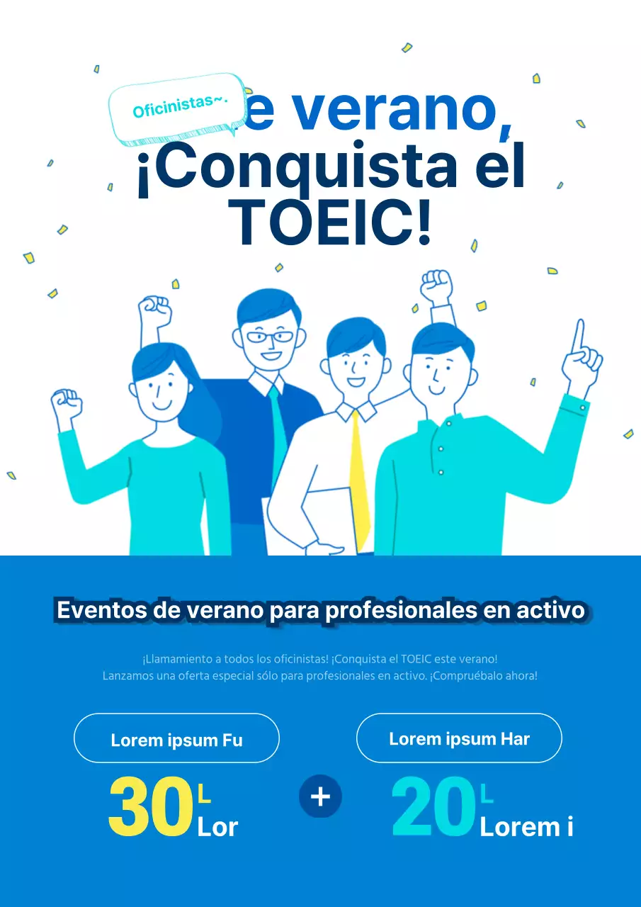 Un bonito folleto azul y blanco para promocionar un evento social de estudio de inglés