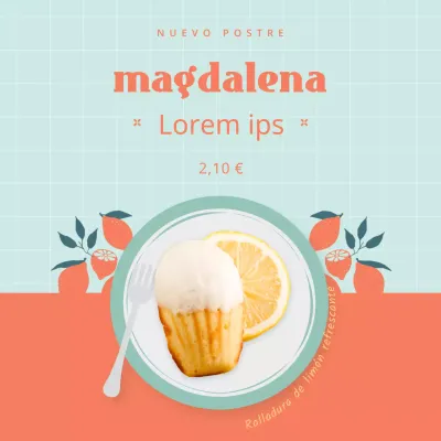 Carta de postres Madeleine con imágenes en azul claro y naranja
