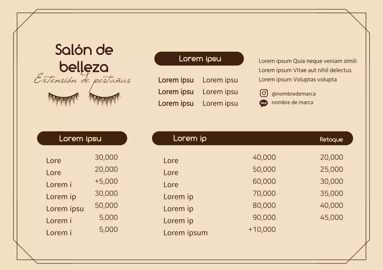 Menú limpio de salón de belleza con ilustraciones marrones