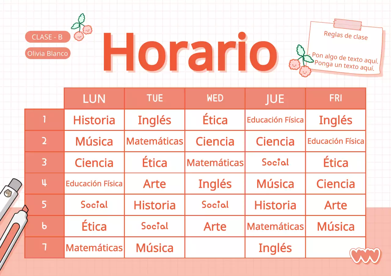 Horario escolar con un bonito concepto de agenda