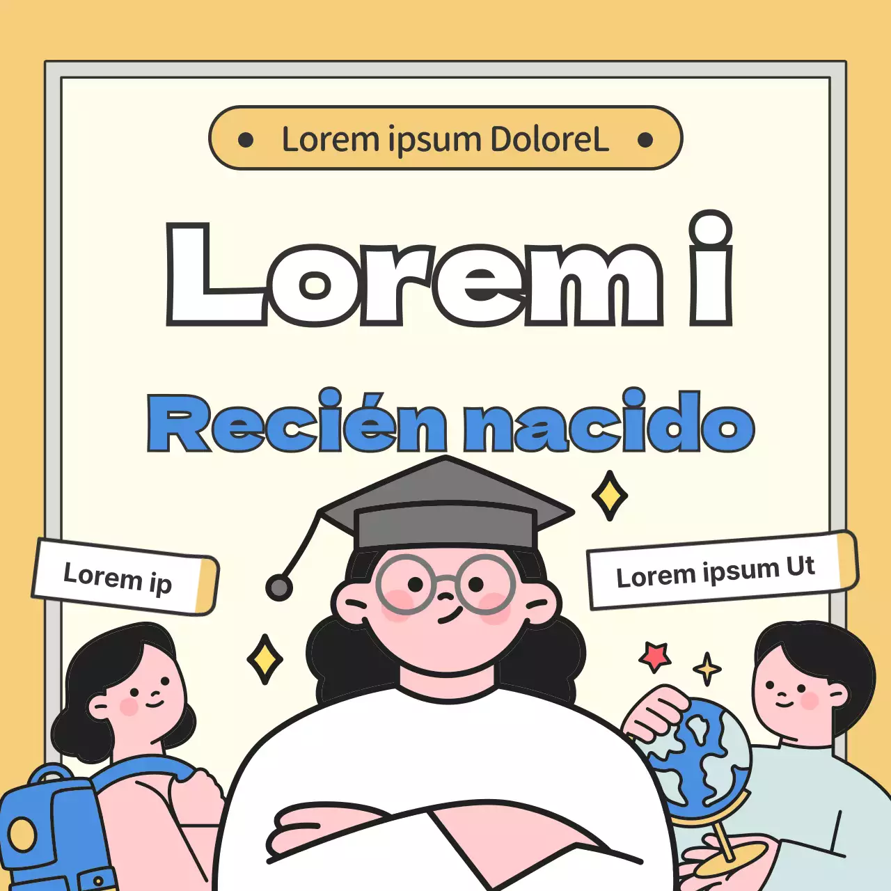 Conferencia de humanidades con ilustración de pizarra de estudiantes en amarillo y azul