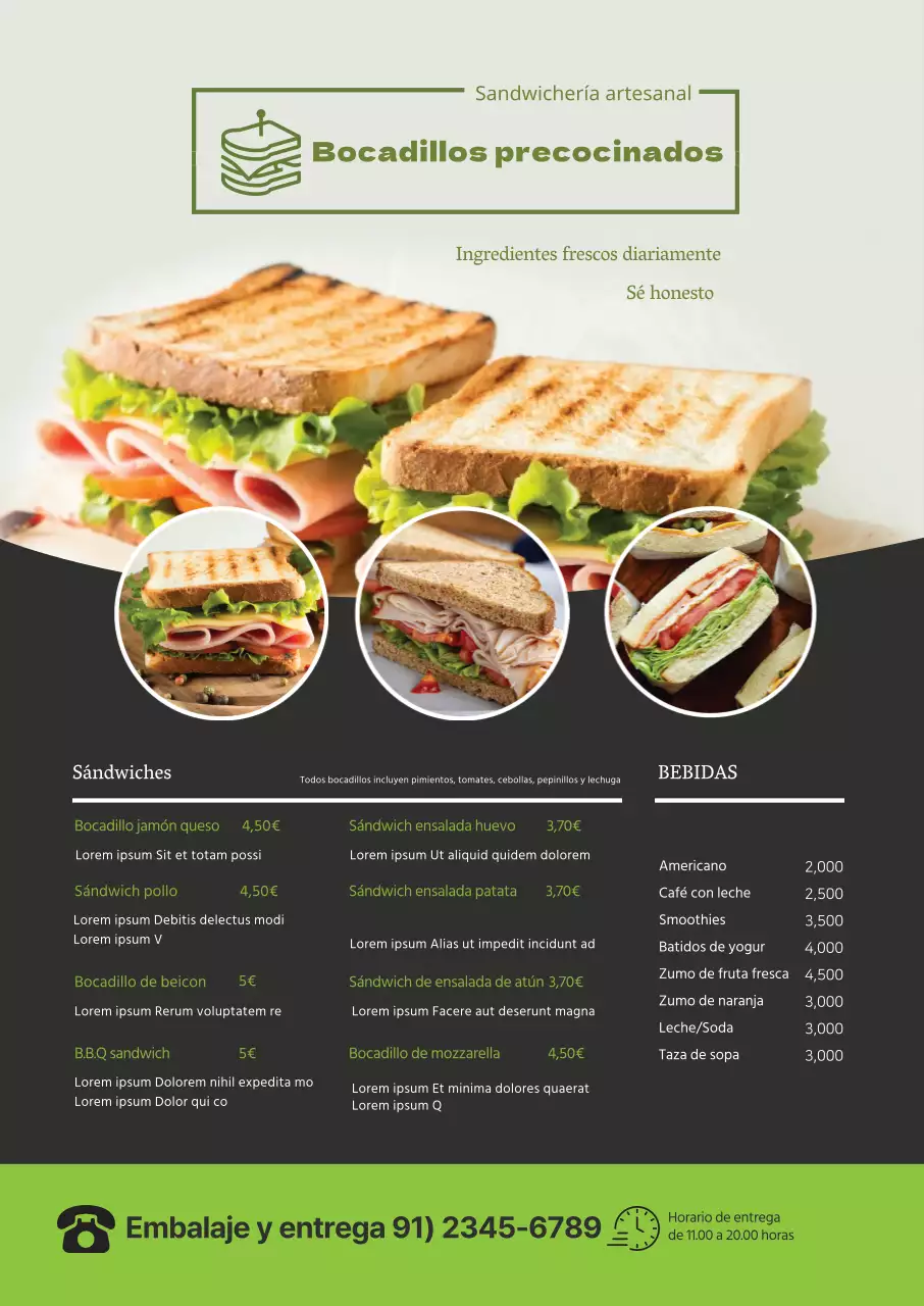 Una foto verde destaca el menú limpio de bocadillos de un restaurante