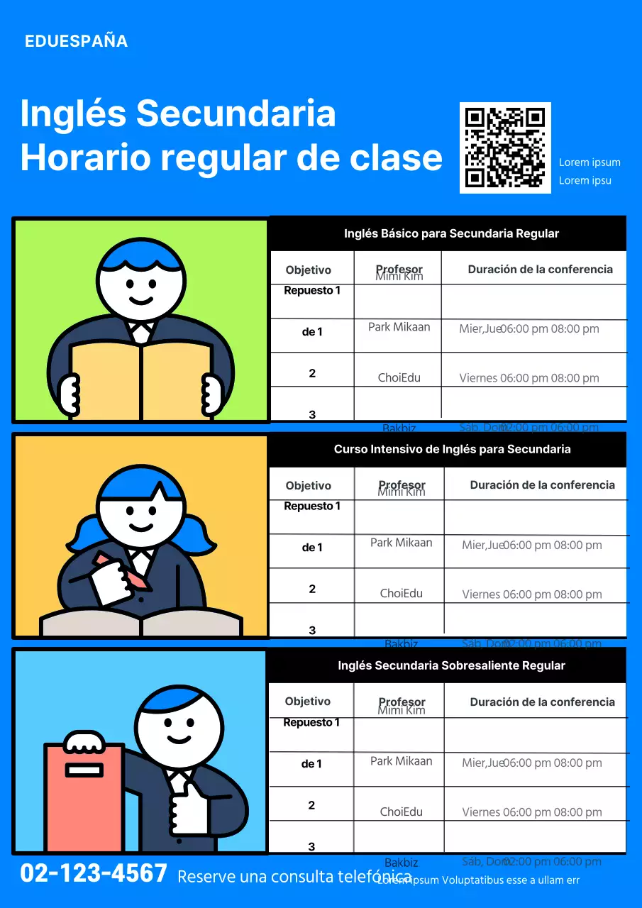 Simpática ilustración de un horario escolar en tonos vivos azul claro