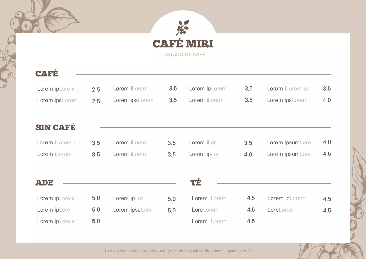 Ilustración botánica marrón menú de cafetería cartel horizontal