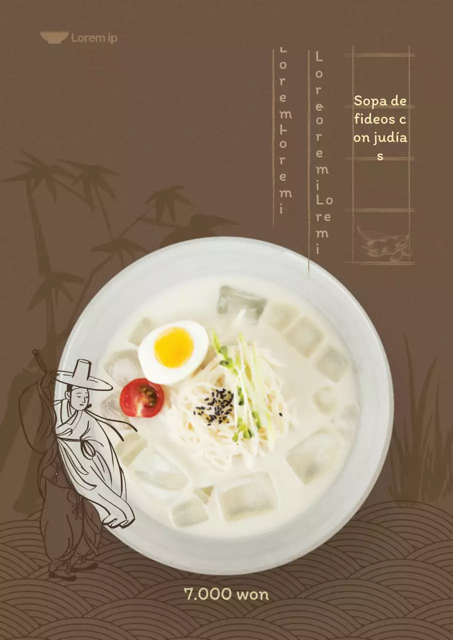 Menú de verano con fondo marrón oscuro e ilustraciones orientales