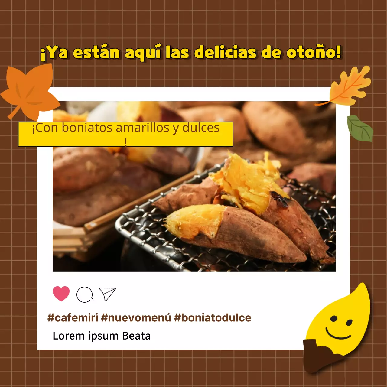 Promoción del menú de boniatos del nuevo café marrón y amarillo