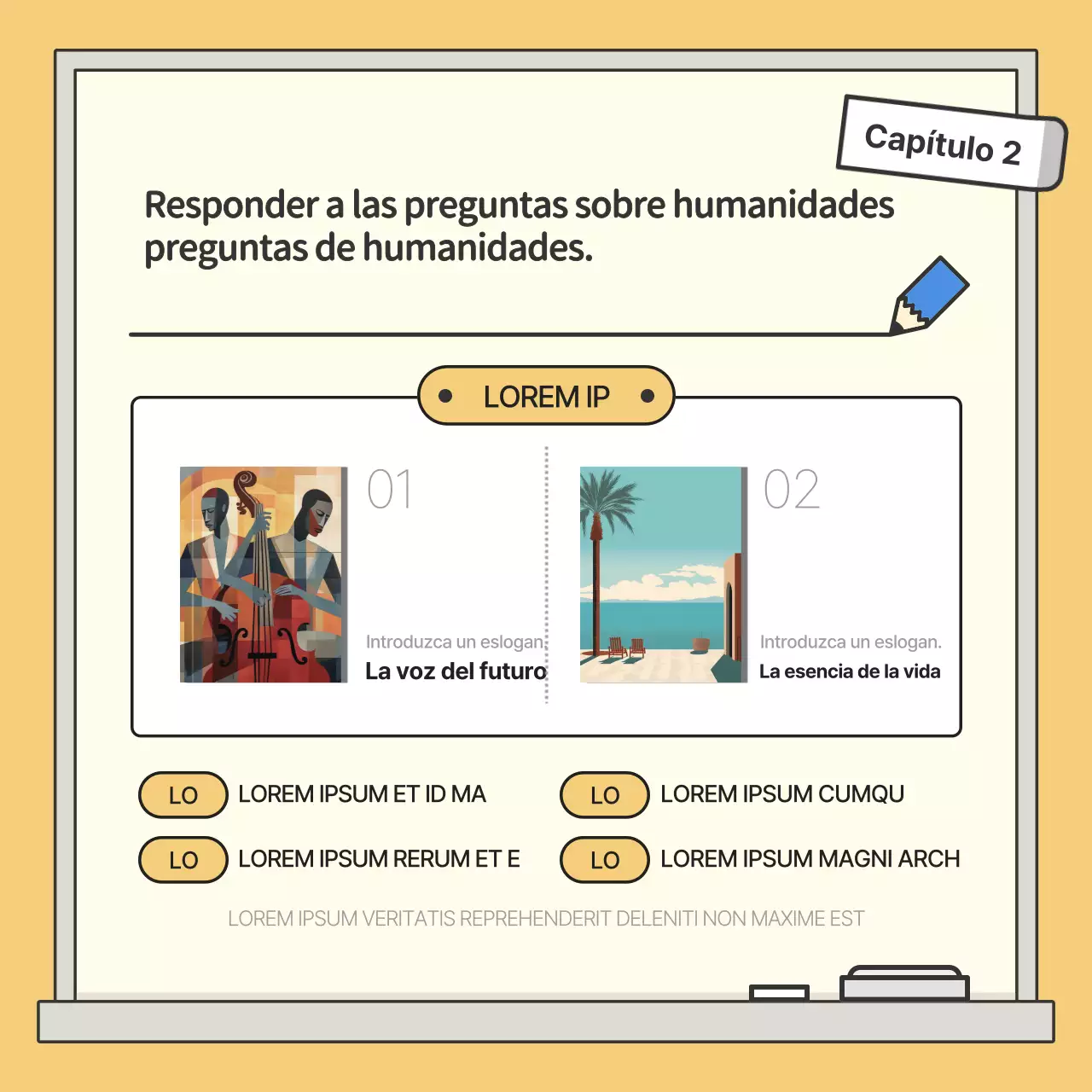 Conferencia de humanidades con ilustración de pizarra de estudiantes en amarillo y azul