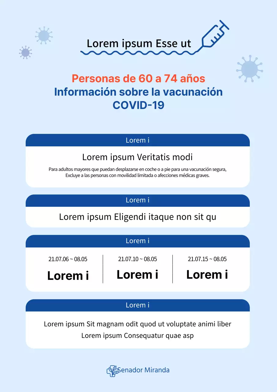 Cartel vertical de vacunación contra el coronavirus con una tabla en tonos azules