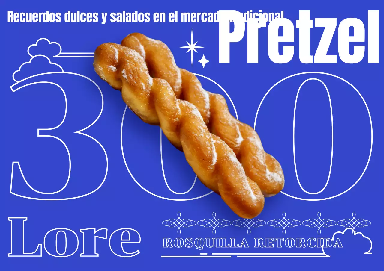 Un cartel de aperitivos callejeros con tipografía y una foto de un pretzel en azul primario.