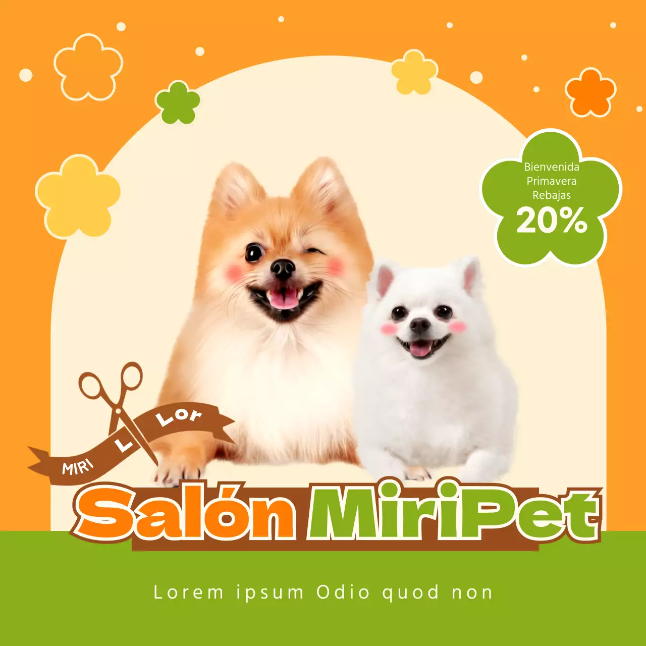 Bonita promoción de peluquería canina en amarillo y verde