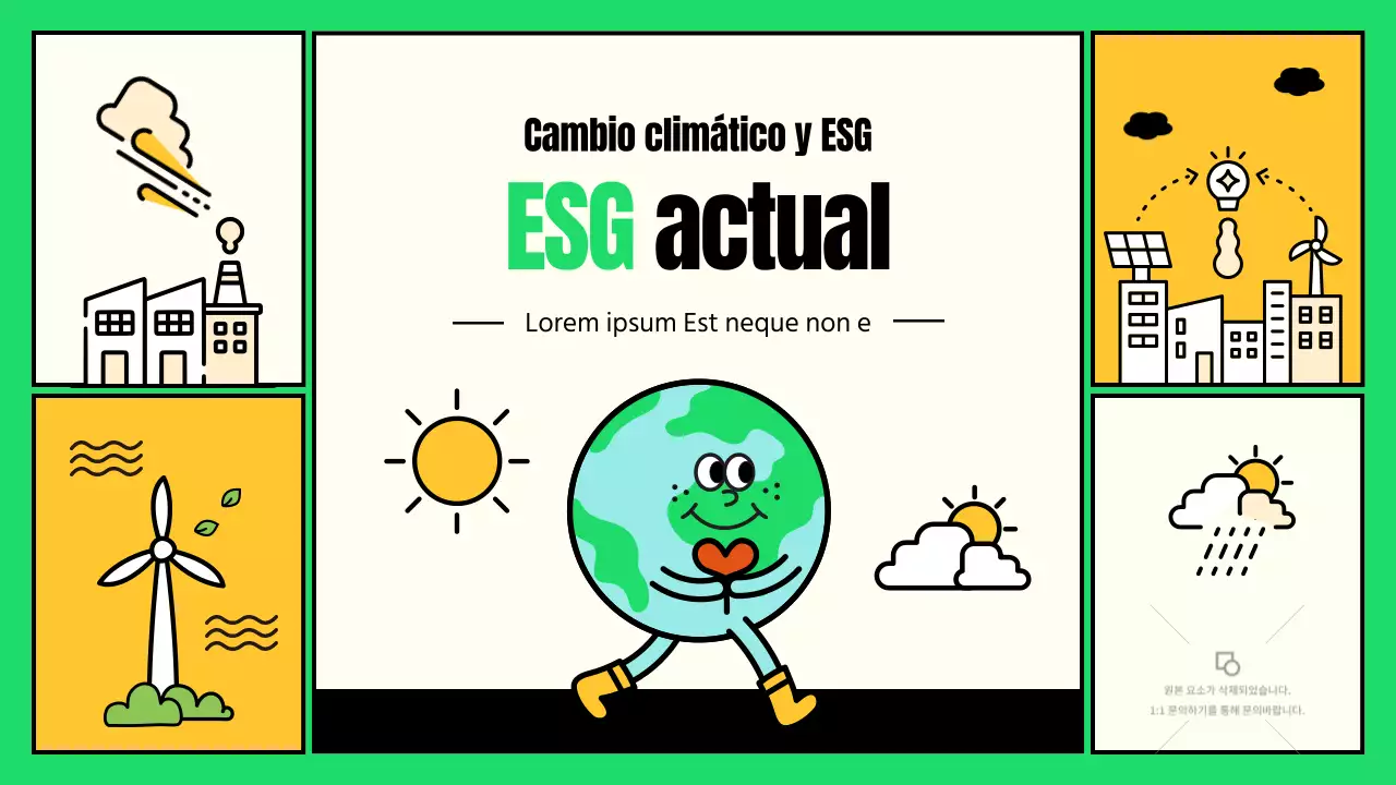 Simpáticas ilustraciones con acentos verdes y amarillos ESG y acción contra el cambio climático