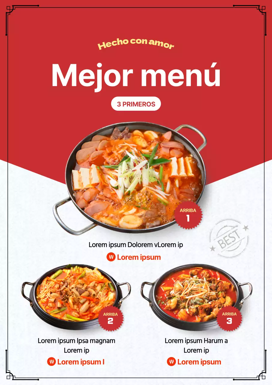 Promociona tu menú arrocero con contrastes en blanco y rojo