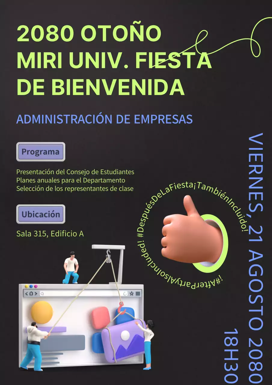 Ilustración en 3D con fondo sencillo y colores de neón para promocionar visitas universitarias