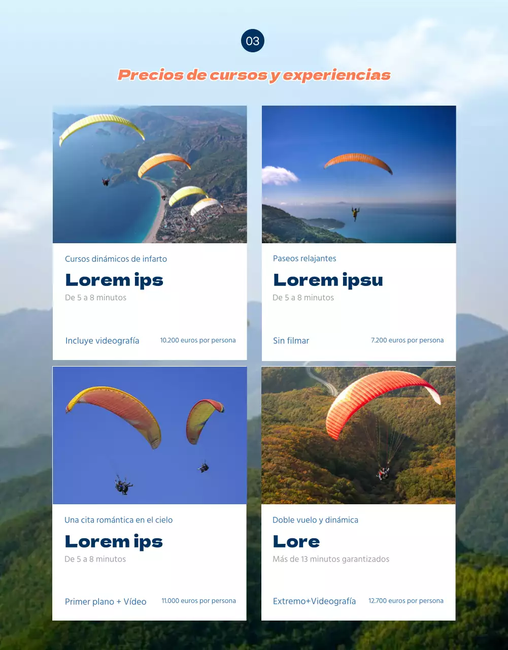 Página de detalles de parapente con acentos naranjas en SkyConcept