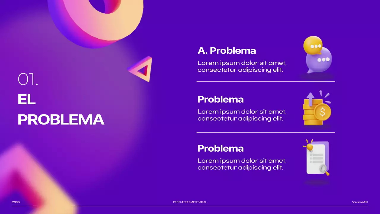 Pitch deck de imágenes en degradado de formas 3D de color púrpura