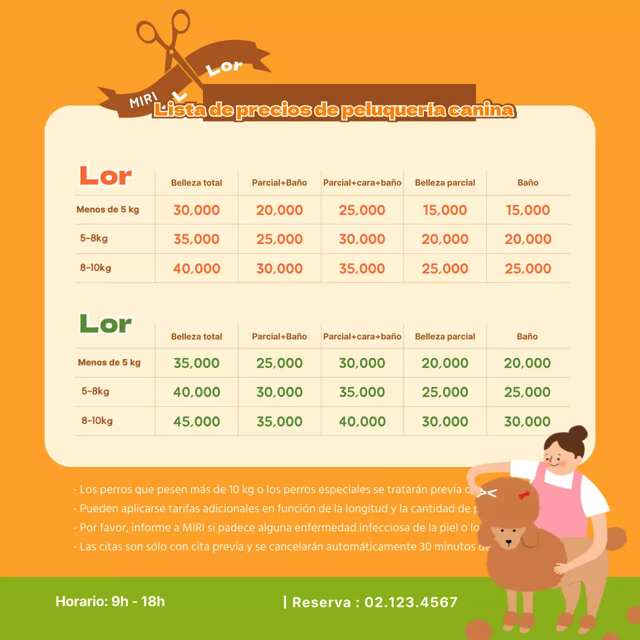 Bonita promoción de peluquería canina en amarillo y verde