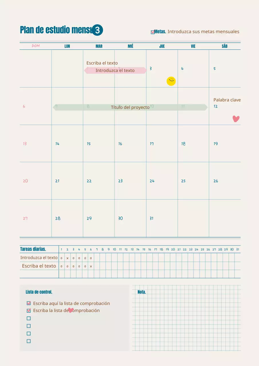 Plan de estudio mensual en turquesa y marrón