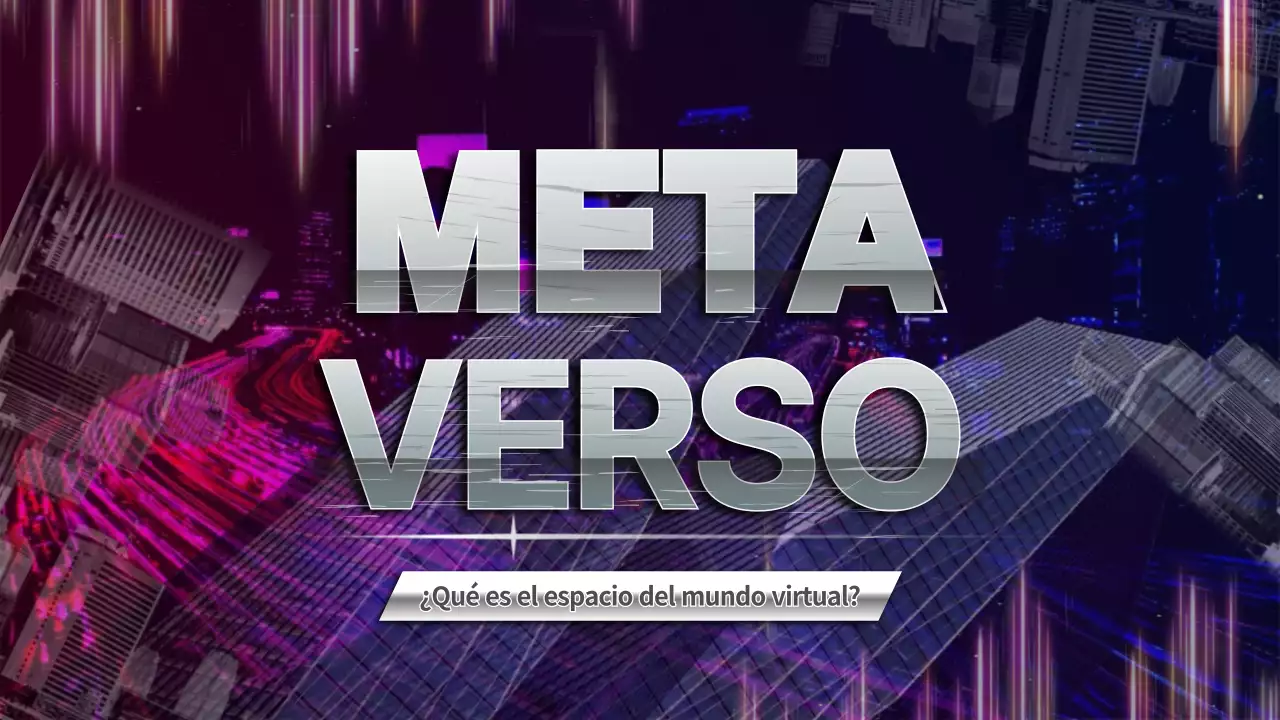 Sobre el Metaverso con un concepto gráfico morado y azul marino