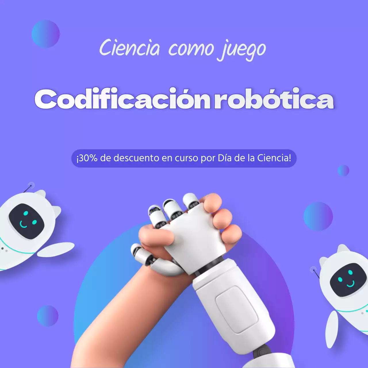 Banner de evento con codificación robótica de la mano sobre fondo púrpura-azul marino
