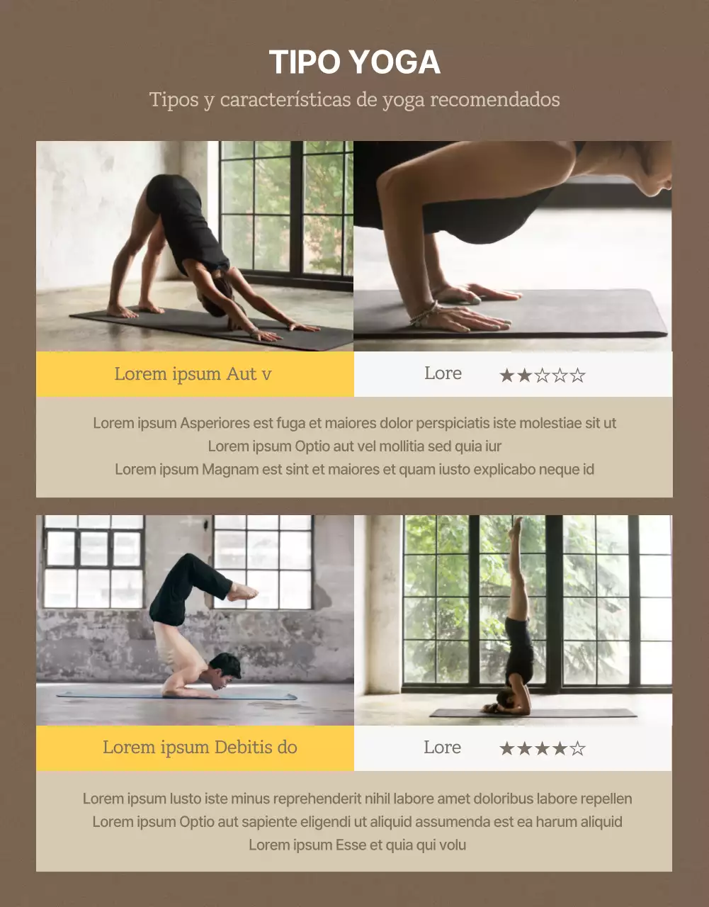 Promociona las esterillas de yoga naturales marrones y amarillas