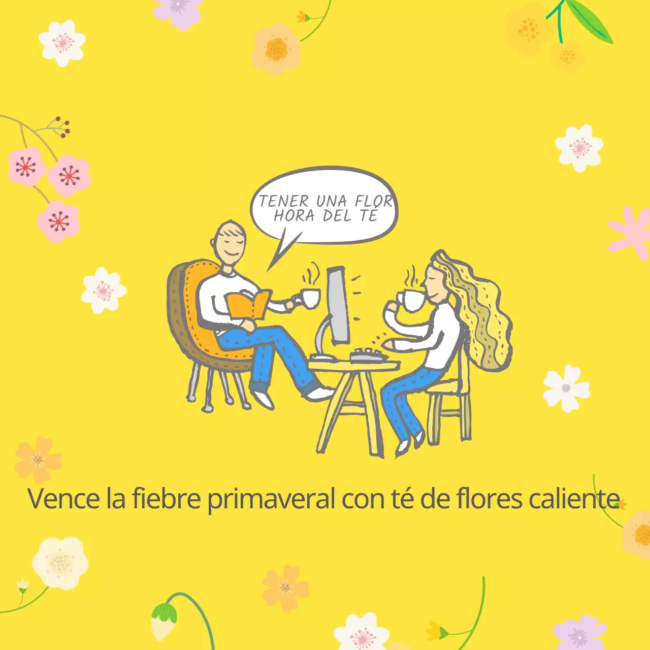 Ilustraciones frescas y amarillas informan sobre los tés de flores de primavera