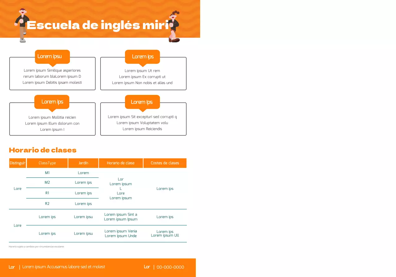 Promociona una academia de inglés con una ilustración de alumnos con uniforme naranja.