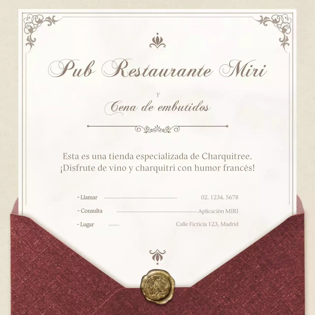 Una carta anticuada y elegante en rojo y amarillo pálido para una reserva de cena de charcutería conceptual.