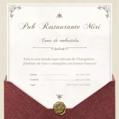 Una carta anticuada y elegante en rojo y amarillo pálido para una reserva de cena de charcutería conceptual.