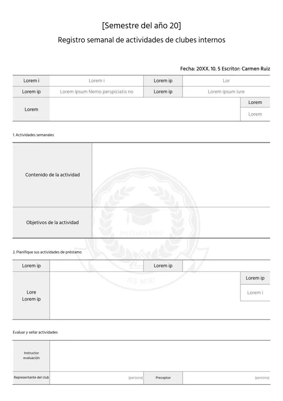 Informe semanal de actividades del club escolar en blanco y negro