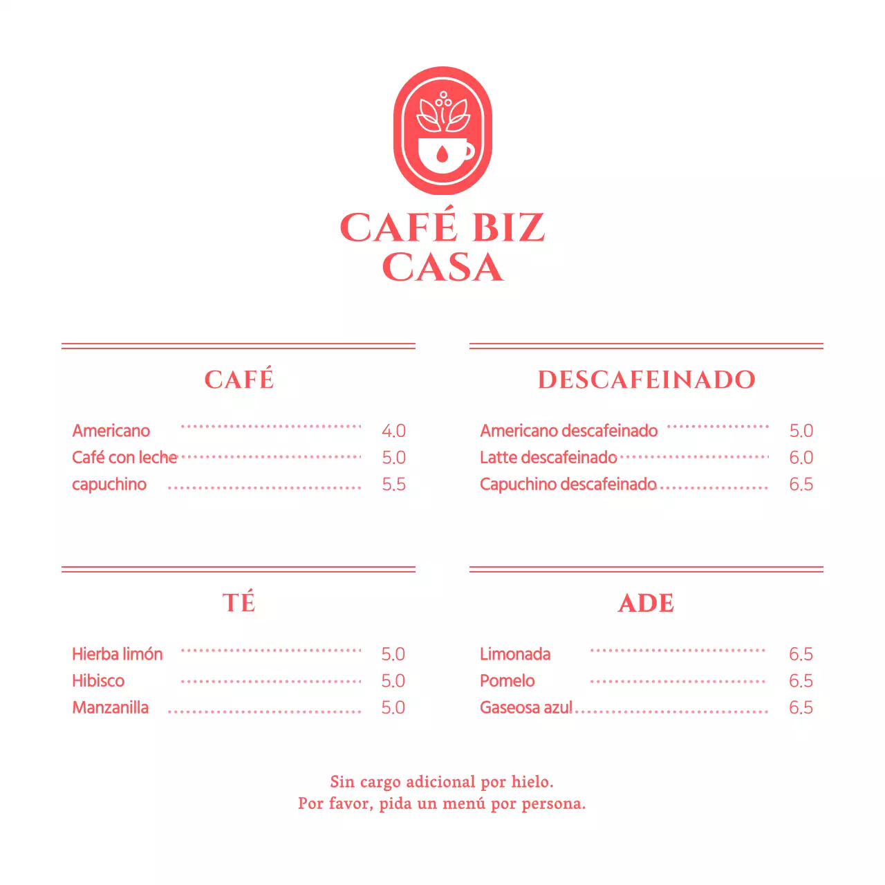 Precios de menú para una cafetería de concepto sencillo en rojo y blanco