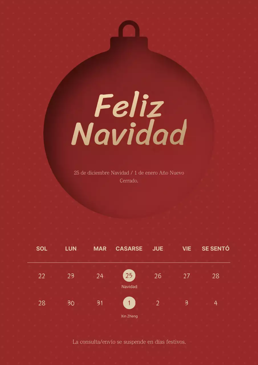 Elegante y sencillo calendario festivo con ilustración ornamental de un árbol en rojo