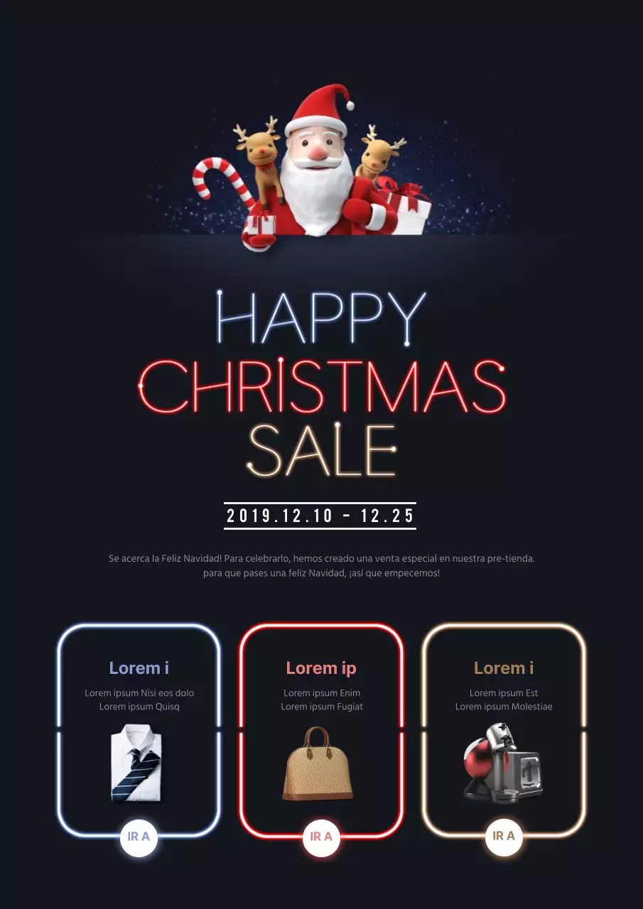 Promocione una sencilla venta navideña con un Papá Noel azul marino y un Rodolfo