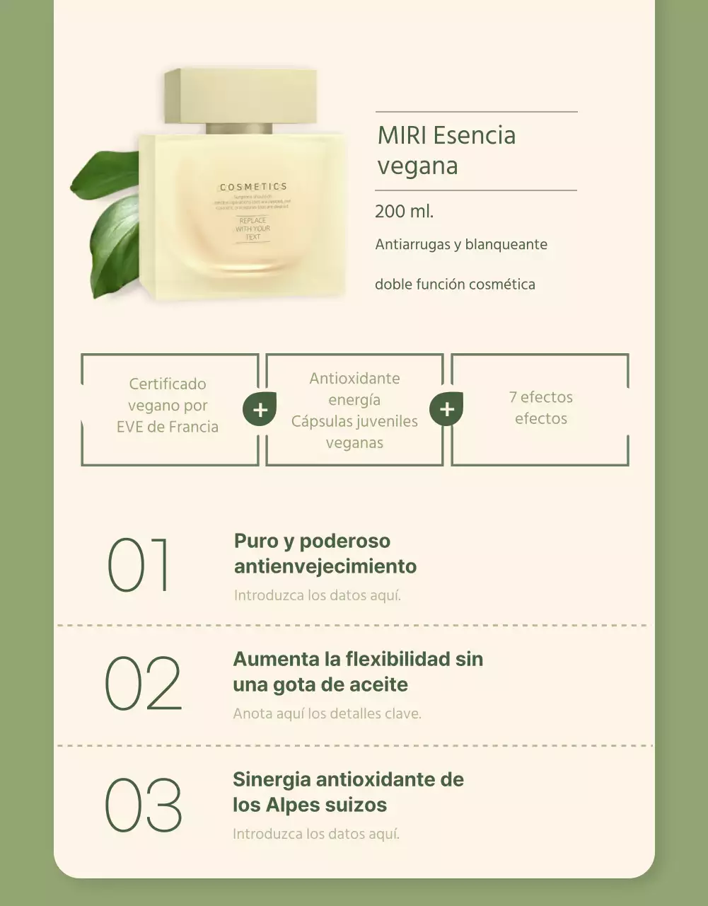 Cosméticos veganos en verde marfil detail page