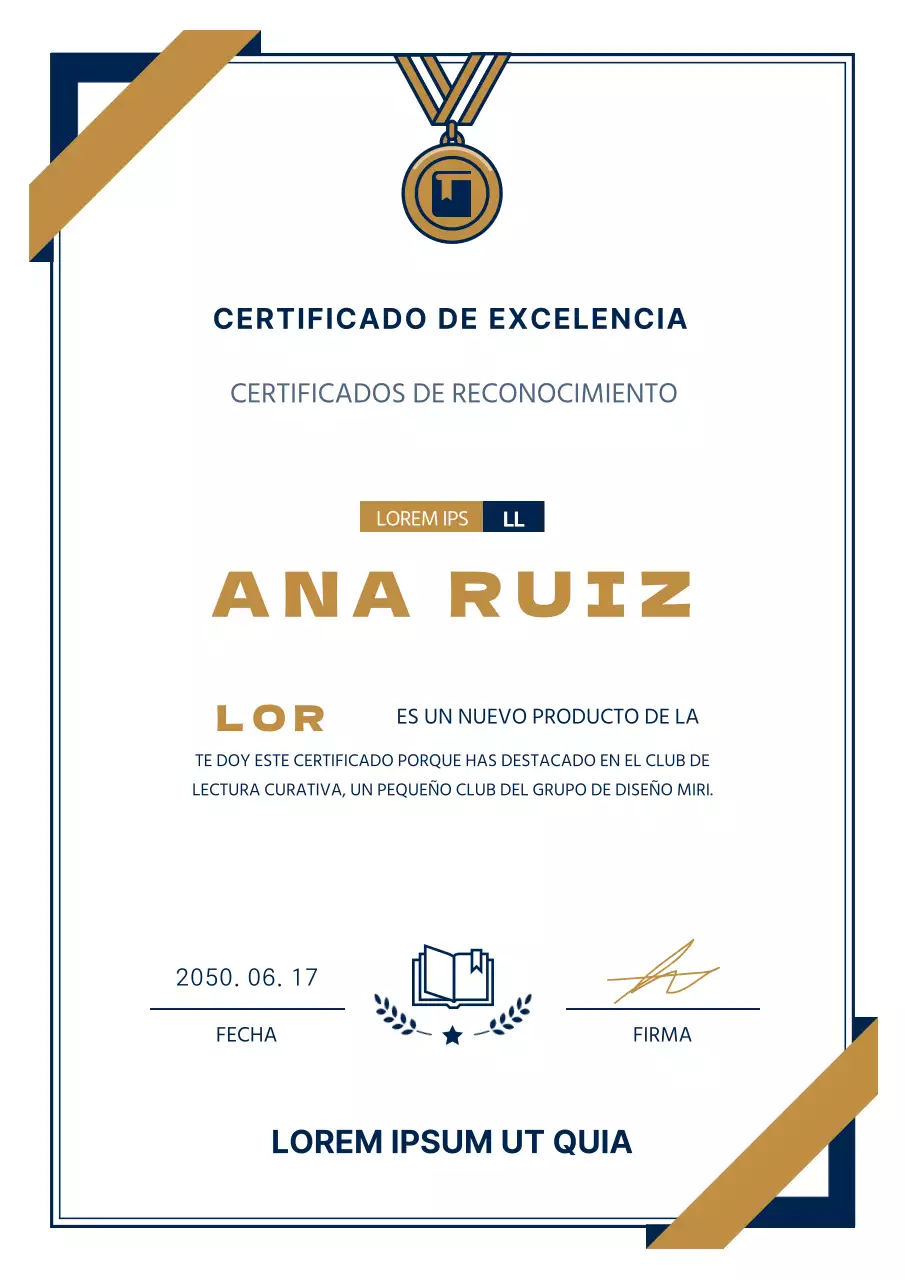 Círculo de lectura simple certificado de excelencia en azul marino y dorado