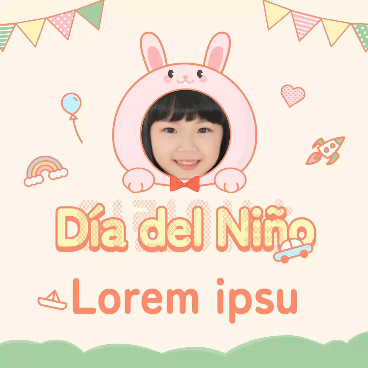 Felicitaciones por el Día del Niño en un bonito marco con forma de conejito