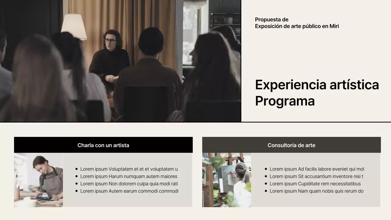 Propuesta de exposición con acentos de rejilla beige-negro