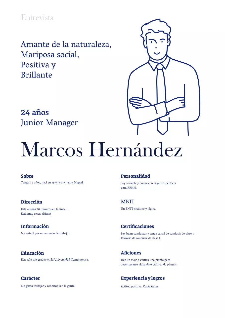 Un currículum sencillo e ilustrado con un formato azul al estilo de las entrevistas