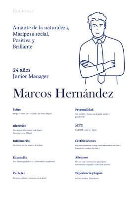 Un currículum sencillo e ilustrado con un formato azul al estilo de las entrevistas