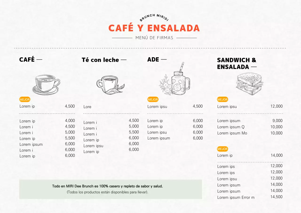 Tablero vertical de menú de brunch de cafetería con concepto naranja ilustrado.