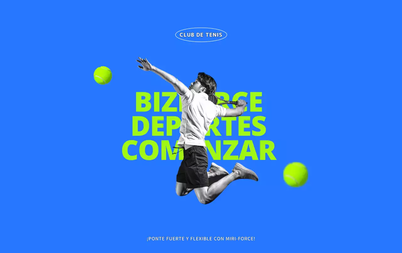 Un club de tenis joven y activo en azul y chartreuse.